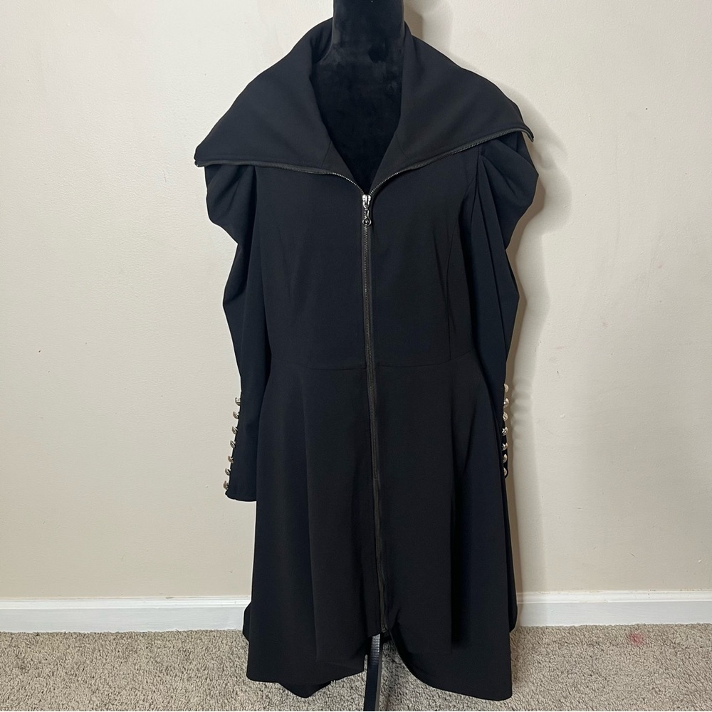 Samuel Dong Women’s Black Full Zip Puritan‎ Sleeve High Low Hem Dress Sz XL